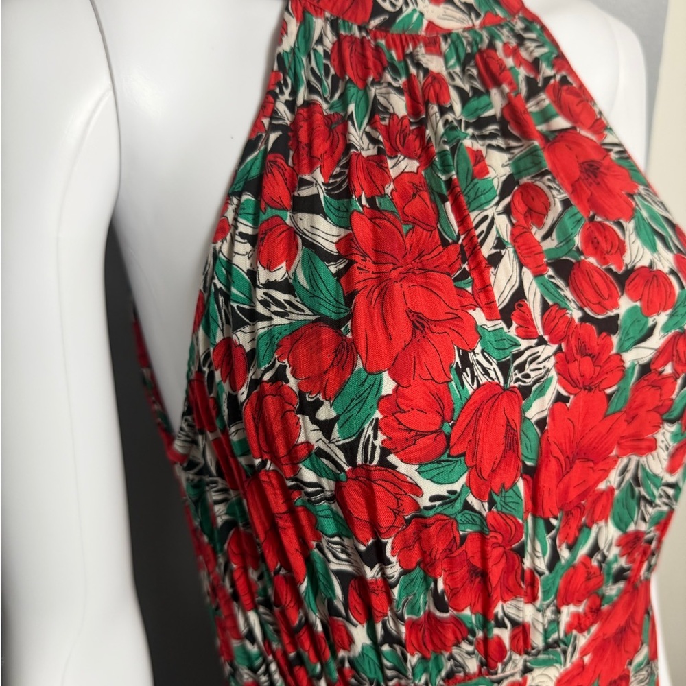 Floral Maxi Dress Red and Green Halter Colorful S - Picture 8 of 8